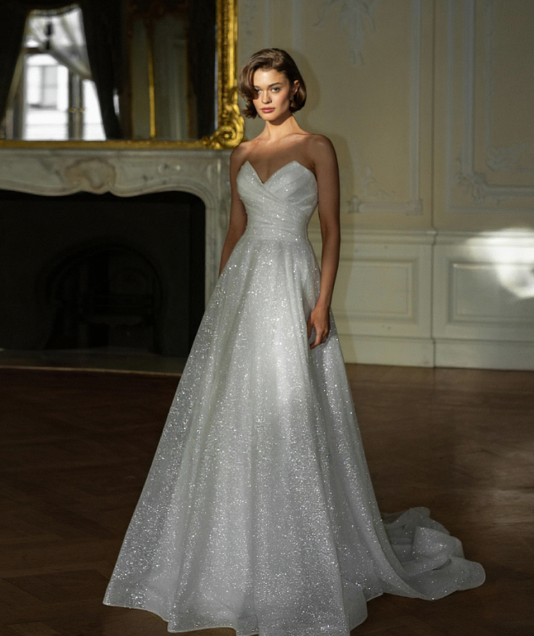 Блестящее свадебное платье со съемными рукавами буфами