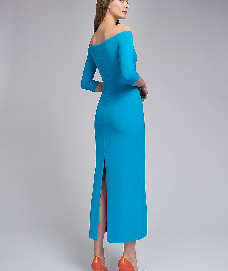 Вечернее платье миди с открытыми плечами