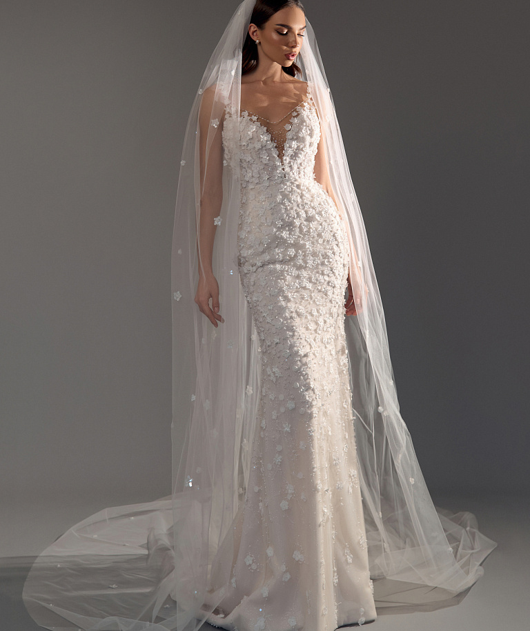 Свадебное платье русалка в кружеве из 3Д цветов