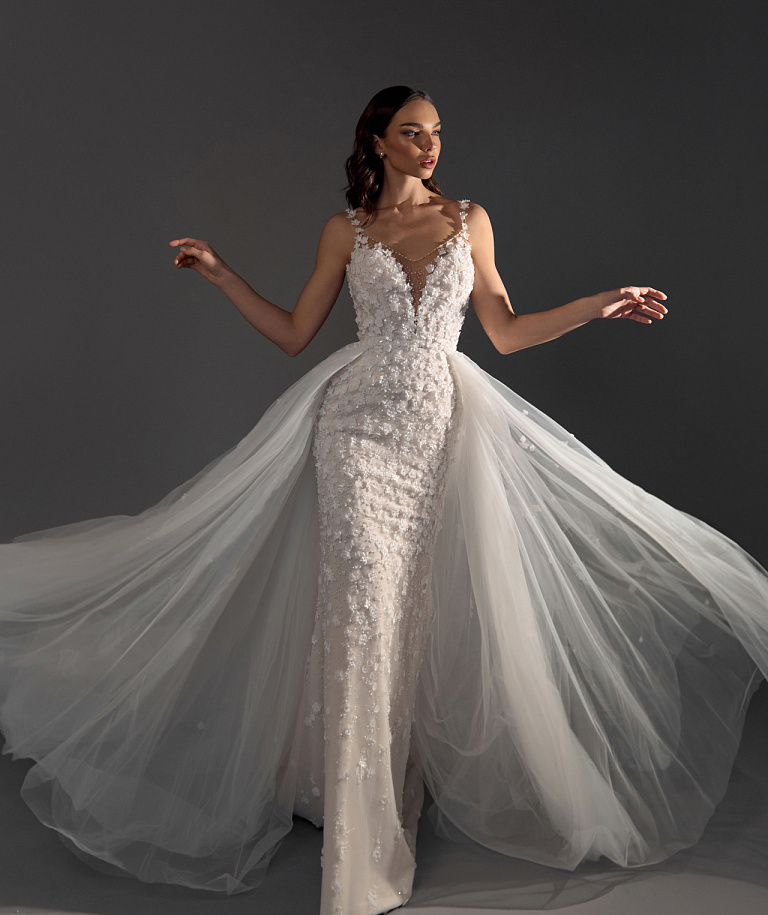 Свадебное платье русалка в кружеве из 3Д цветов