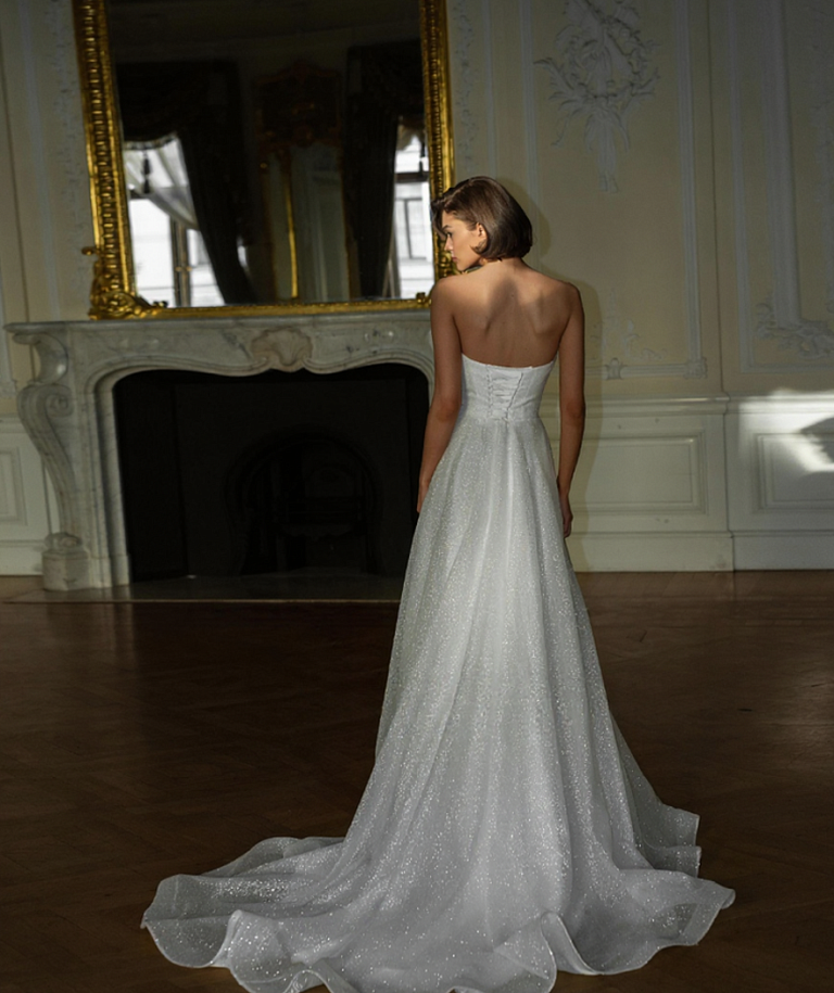 Блестящее свадебное платье со съемными рукавами буфами