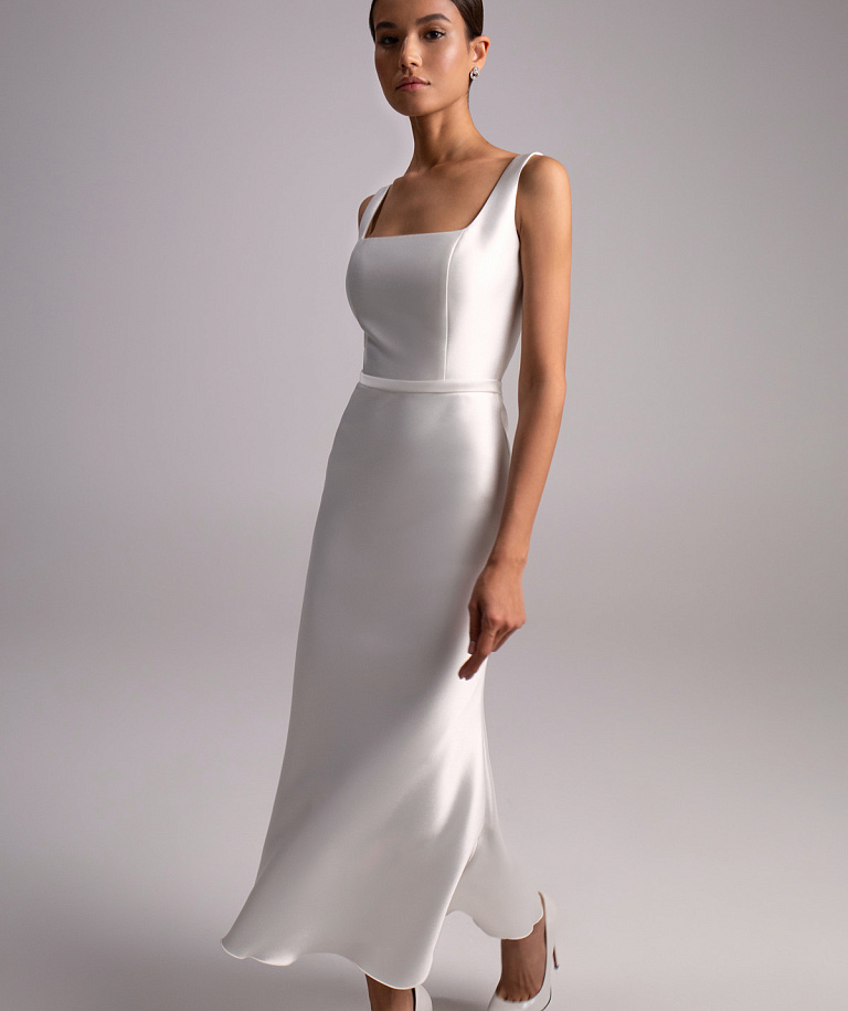 Свадебные платья миди с вырезом каре