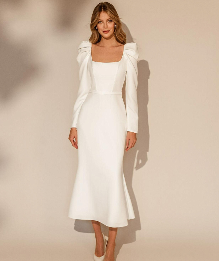 Свадебное платье миди с квадратным вырезом