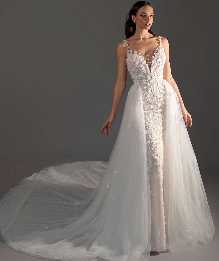 Свадебное платье русалка в кружеве из 3Д цветов