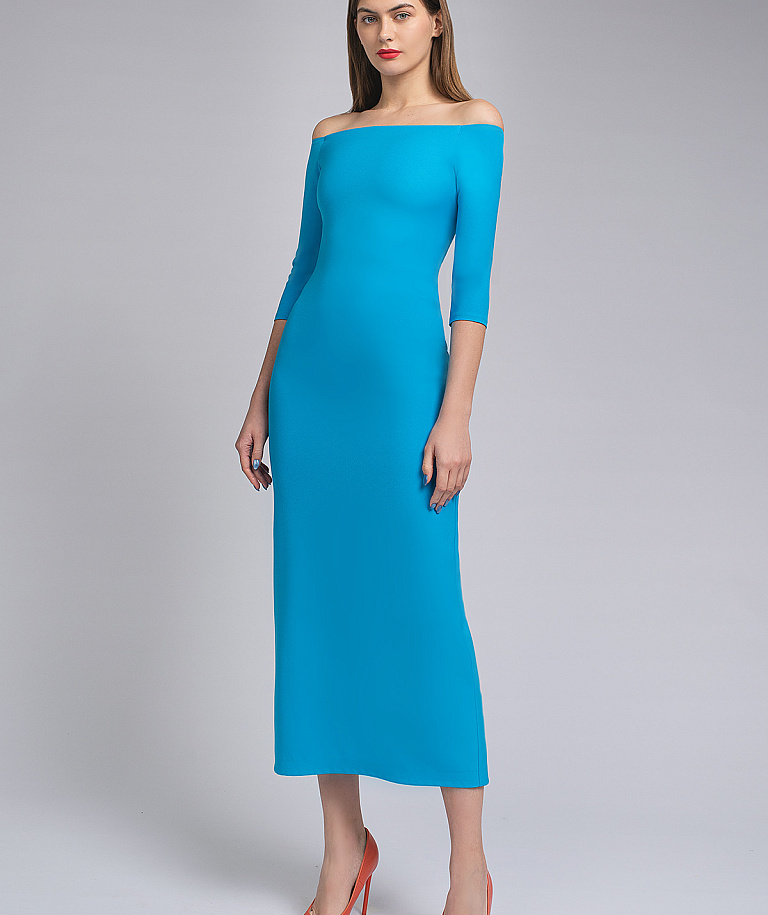 Вечернее платье миди с открытыми плечами