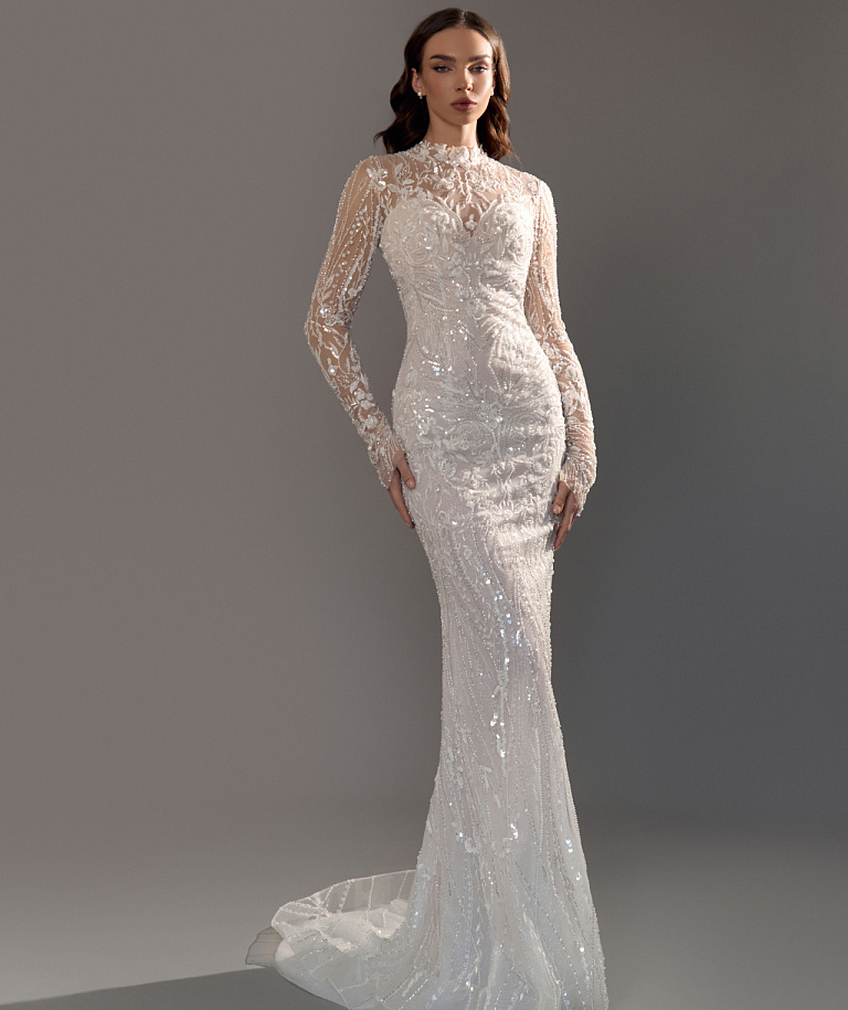 Закрытое кружевное свадебное платье русалка расшитое стеклярусом