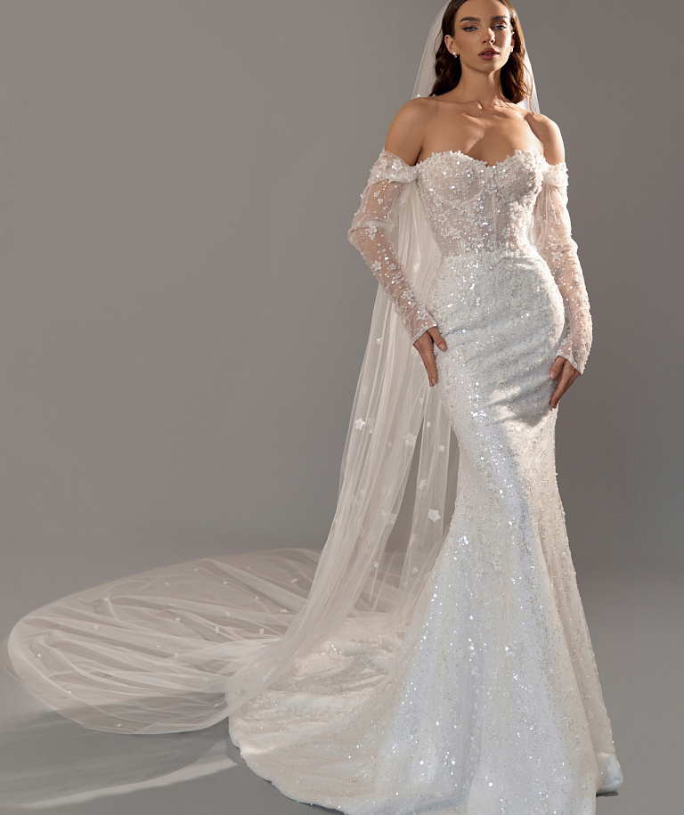 Роскошное свадебное платье рыбка в цветочном кружеве