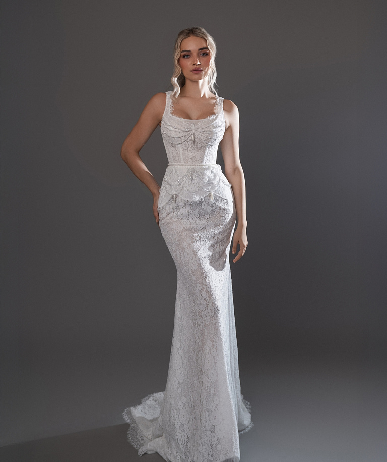Кружевное свадебное платье рыбка со съемной баской