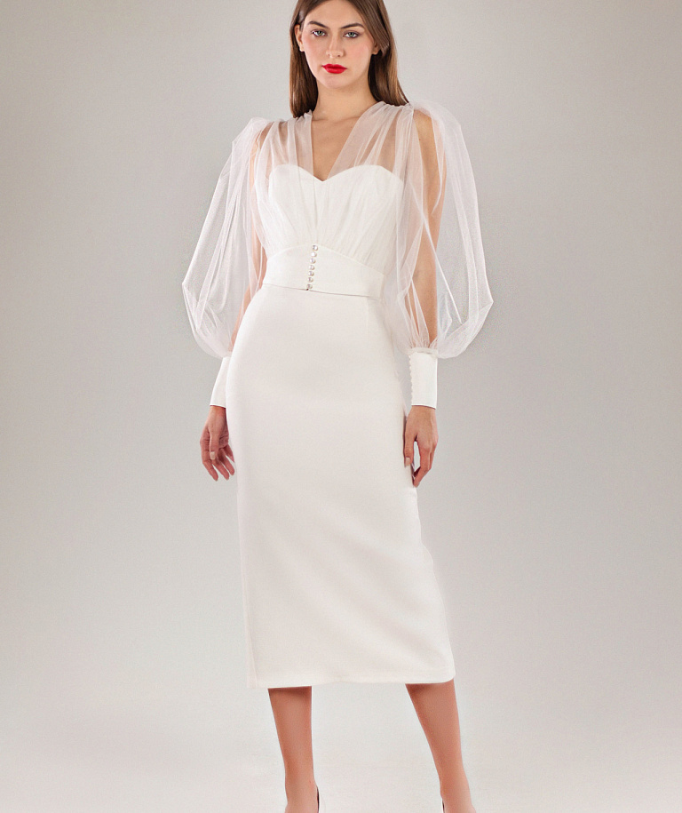 Свадебное платье миди с прозрачным болеро