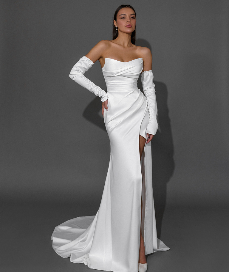 Атласное свадебное платья русалка с разрезом от бедра