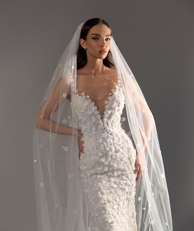 Свадебное платье русалка в кружеве из 3Д цветов