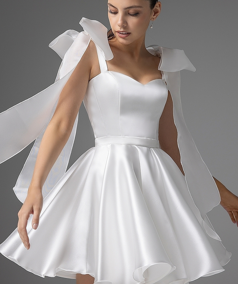 Свадебное платье мини с бантами на плечах