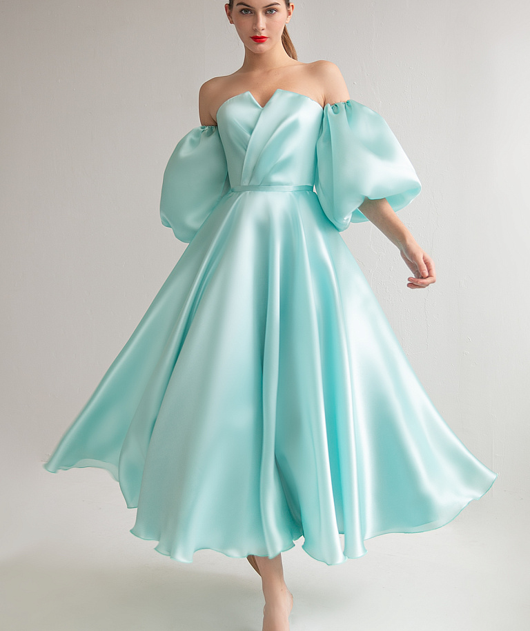 Вечернее платье цвета тиффани миди со съемными рукавами