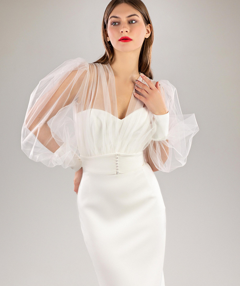 Свадебное платье миди с прозрачным болеро