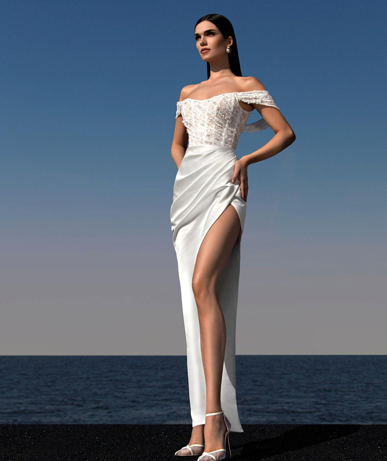 Атласное свадебное платье с кружевным верхом