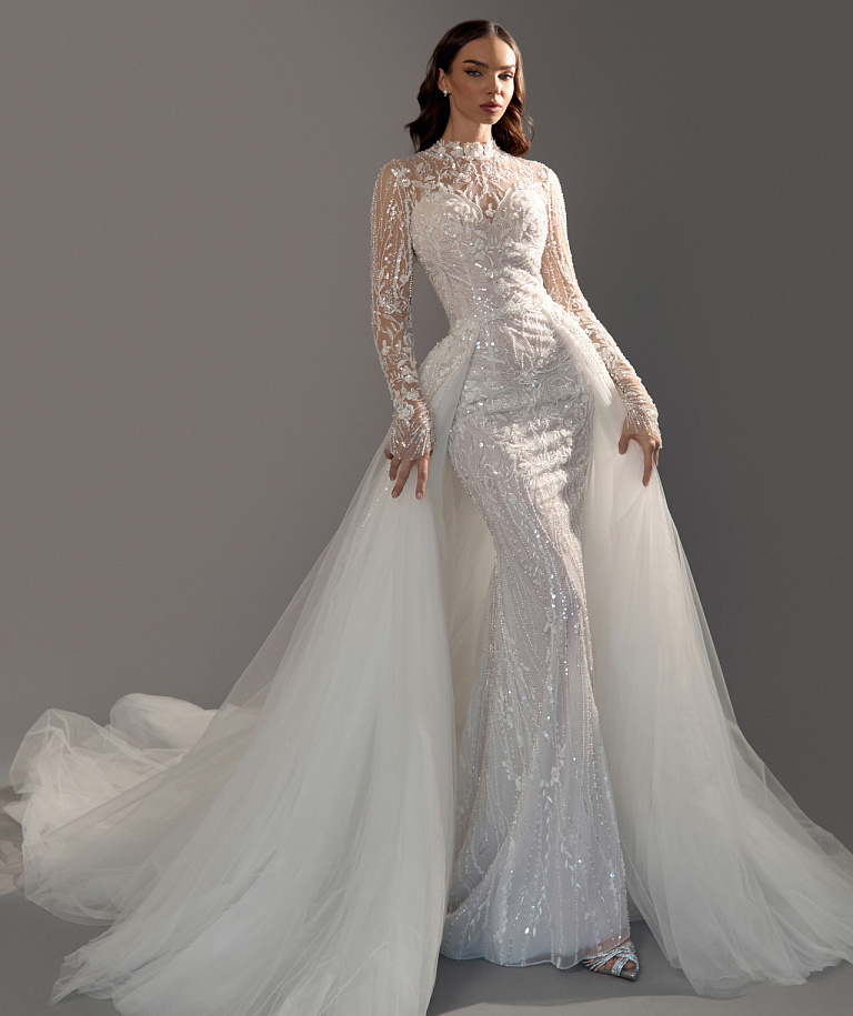 Закрытое кружевное свадебное платье русалка расшитое стеклярусом