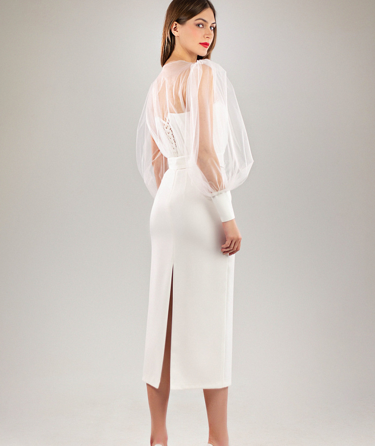 Свадебное платье миди с прозрачным болеро