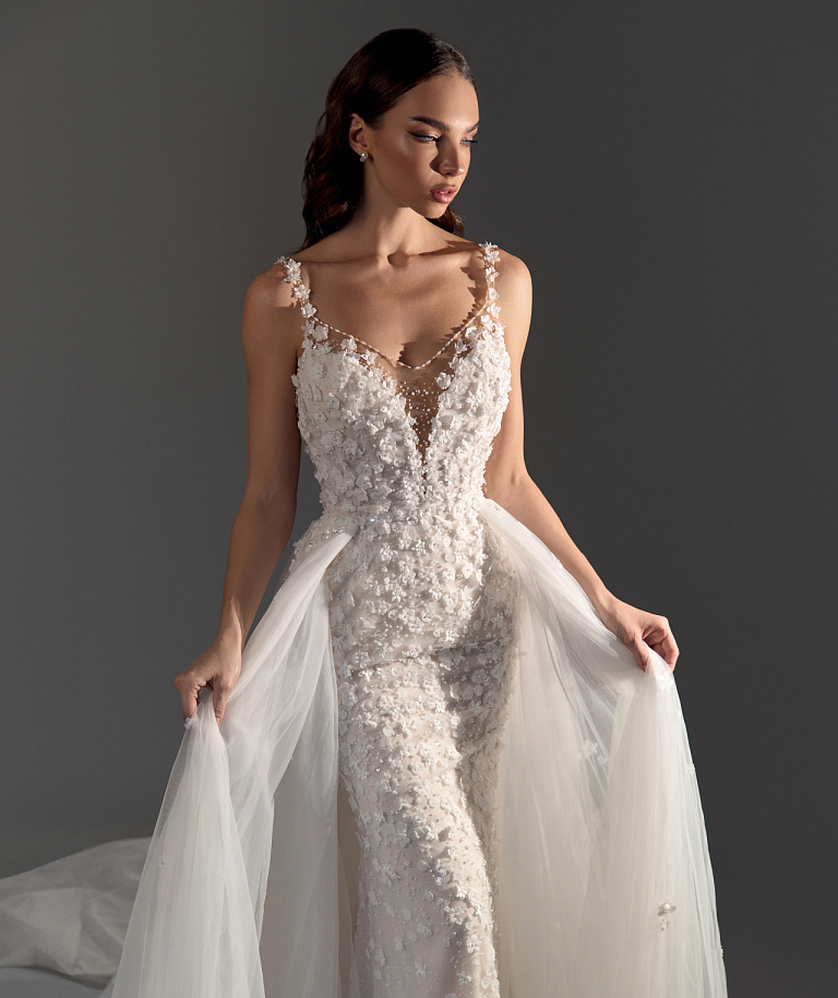 Свадебное платье русалка в кружеве из 3Д цветов