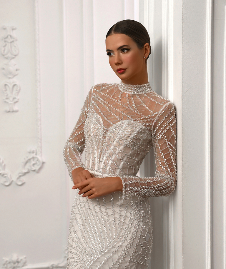 Закрытое свадебное платье рыбка в роскошном кружеве