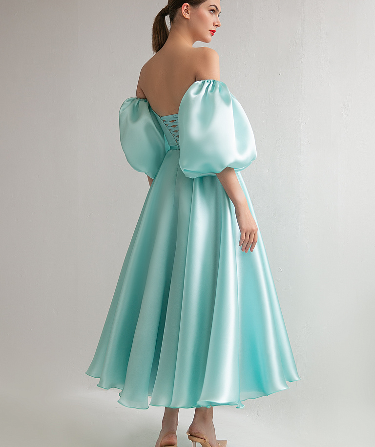 Вечернее платье цвета тиффани миди со съемными рукавами