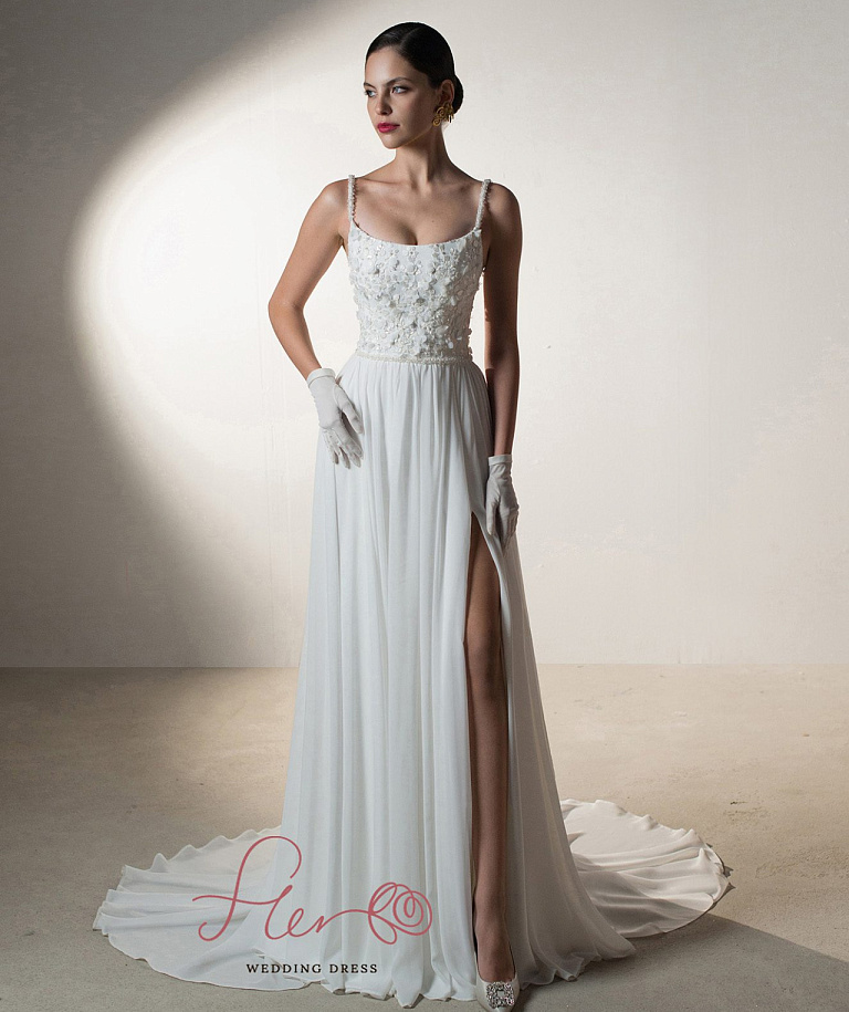 Свадебное платье с шифоновой юбкой и кружевным верхои