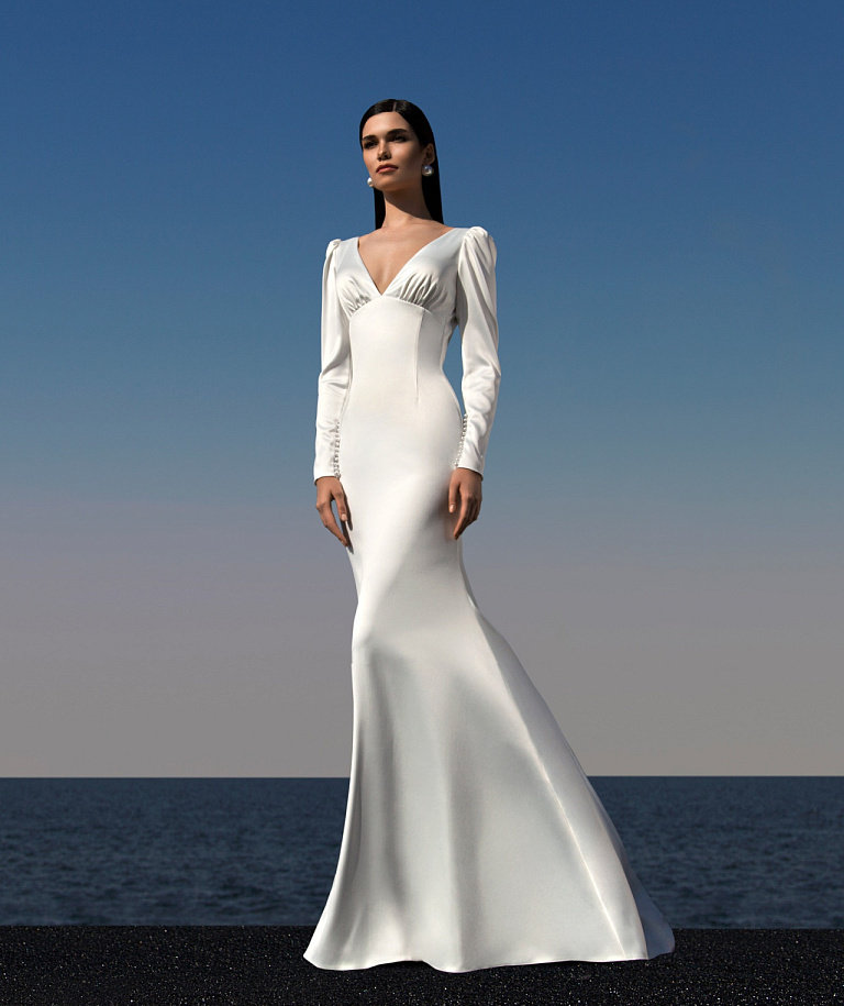 Атласное свадебное платье рыбка с рукавами и открытой спиной